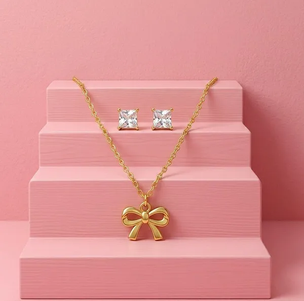 Gold_Tone_Bow_Pendant_Necklace_And_Stud_Earrings_Set_For_Women