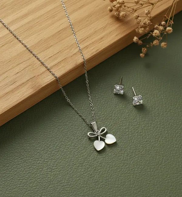 Silver_Tone_Bow_Heart_Charm_Pendant_Jewellery_Set_For_Women