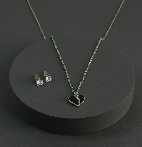 Silver_Tone_Black_Heart_Pendant_Necklace_And_Studs_Set_For_Women