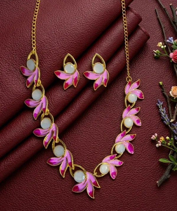 Pink_Gold_Tone_Floral_Necklace_Set_For_Women