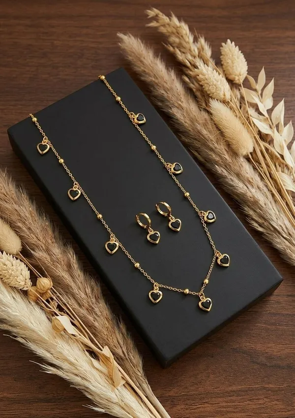 Gold_Tone_Black_Heart_Charm_Necklace_And_Earrings_Set_For_Women