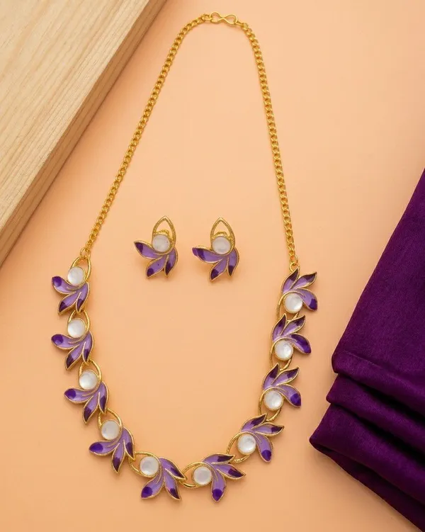 Purple_Gold_Tone_Floral_Necklace_And_Earring_Set_For_Women