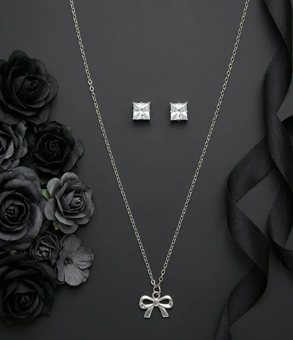 Silver_Tone_Bow_Pendant_Necklace_And_Stud_Earrings_Set_For_Women