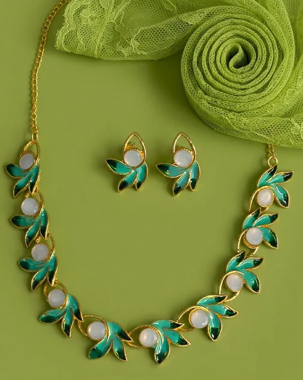 Green_Gold_Tone_Floral_Leaf_Necklace_And_Earrings_Set_For_Women