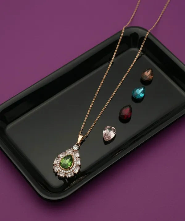 Gold_Tone_Green_Teardrop_Stone_Pendant_Necklace_Set_For_Women
