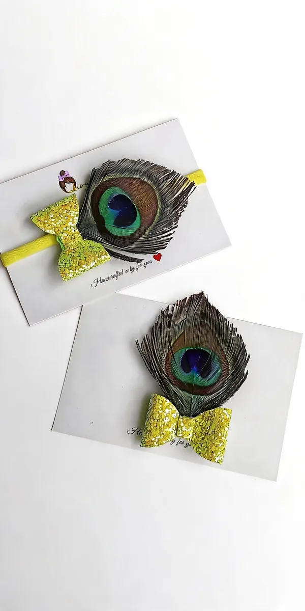 Yellow_Glitter_Peacock_Feather_Hair_Bow_For_Kids