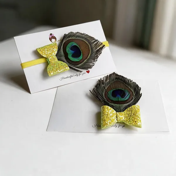 Yellow_Glitter_Peacock_Feather_Hair_Bow_For_Kids