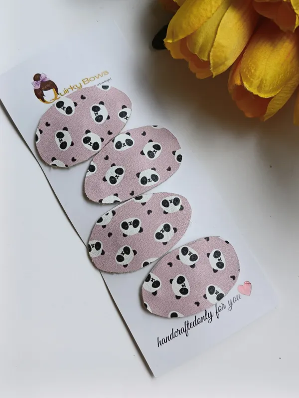 Pink_Leather_Panda_Print_Hair_Clips_For_Girls_Set_of_4