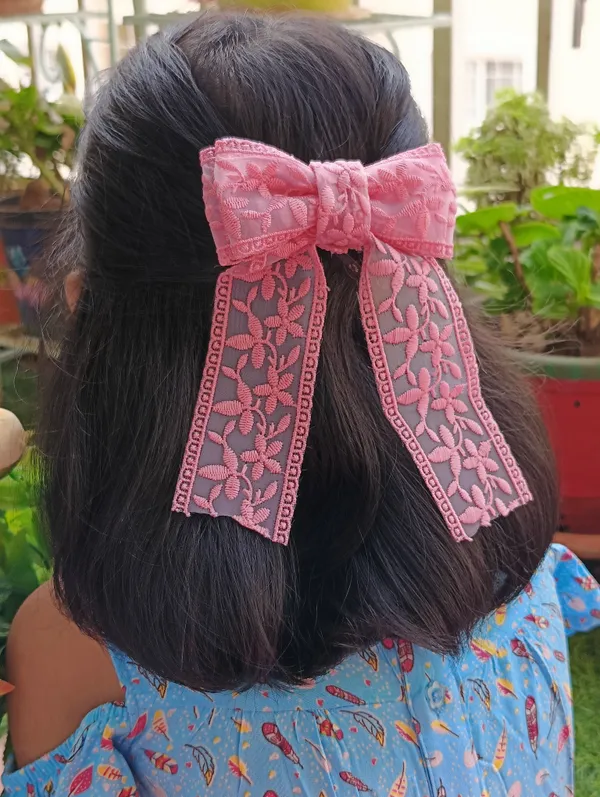 Pink_Net_Lace_Embroidered_Bow_Hair_Accessory_For_Girls