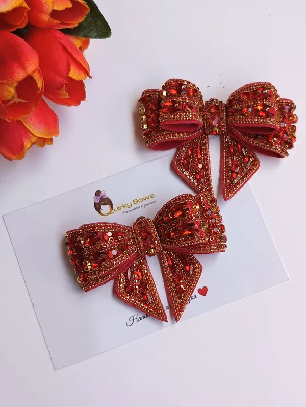 Red_Sequin_Bead_Embellished_Bow_Hair_Accessories_Set_For_Girls
