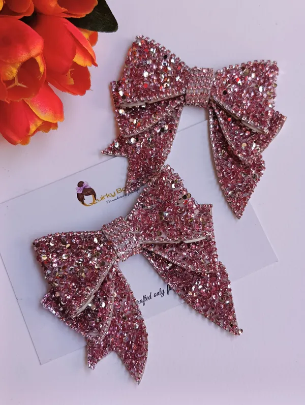 Pink_Rhinestone_Embellished_Bow_Hair_Clips_For_Kids