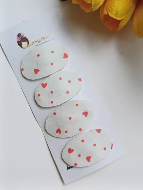 White_Leather_Heart_Print_Hair_Clips_For_Girls_Set_of_4