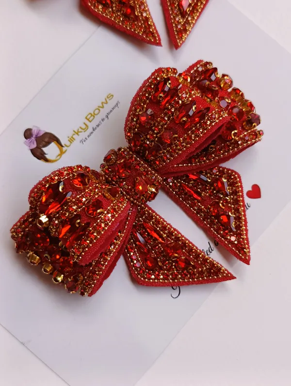 Red_Sequin_Bead_Embellished_Bow_Hair_Accessories_Set_For_Girls