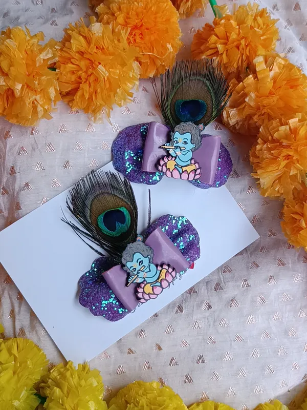 Purple_Sequin_Krishna_Motif_Bow_Hair_Clips_For_Kids