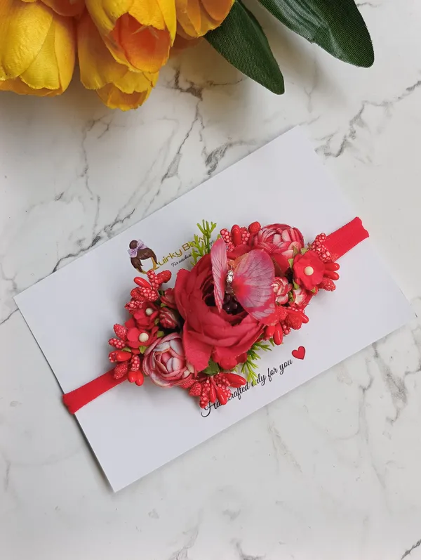 Red_Polyester_Floral_Elastic_Headband_For_Girls