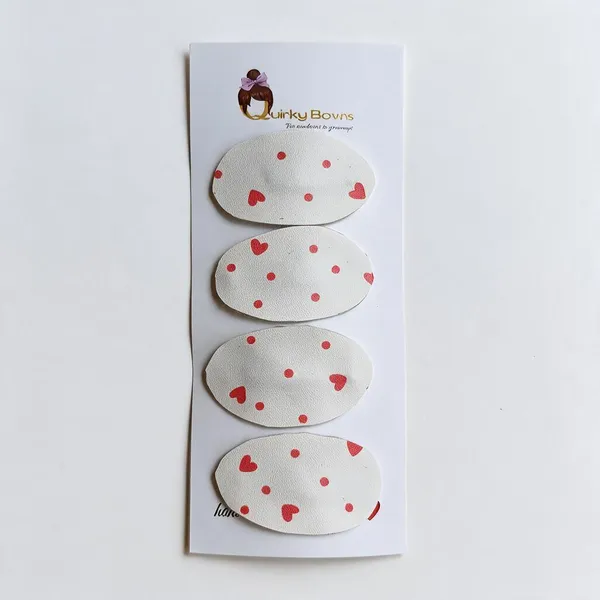 White_Leather_Heart_Print_Hair_Clips_For_Girls_Set_of_4