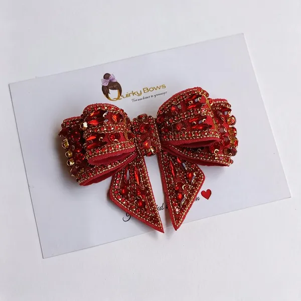 Red_Sequin_Bead_Embellished_Bow_Hair_Accessories_Set_For_Girls