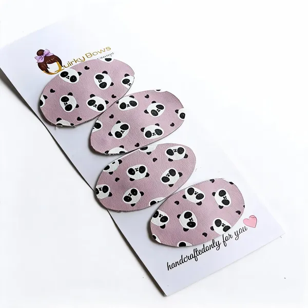 Pink_Leather_Panda_Print_Hair_Clips_For_Girls_Set_of_4