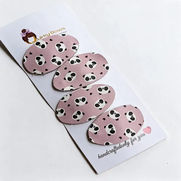 Pink_Leather_Panda_Print_Hair_Clips_For_Girls_Set_of_4