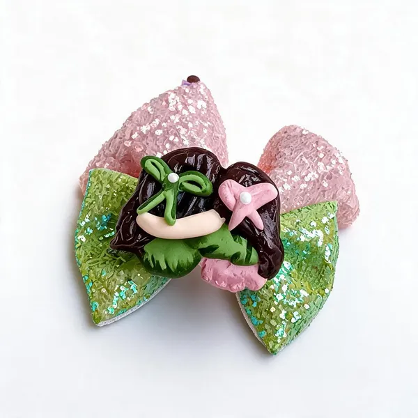 Pink_Green_Glitter_Handmade_Character_Hair_Bow_For_Girls