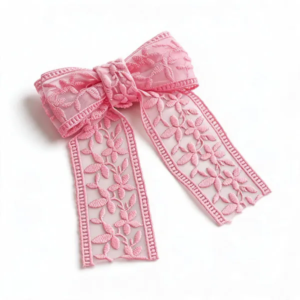 Pink_Net_Lace_Embroidered_Bow_Hair_Accessory_For_Girls