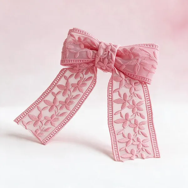 Pink_Net_Lace_Embroidered_Bow_Hair_Accessory_For_Girls