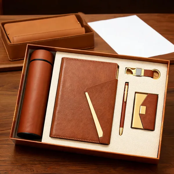 Brown_Pu_Leather_Notebook_Gift_Set_With_Pen_Keychain_Card_Holder