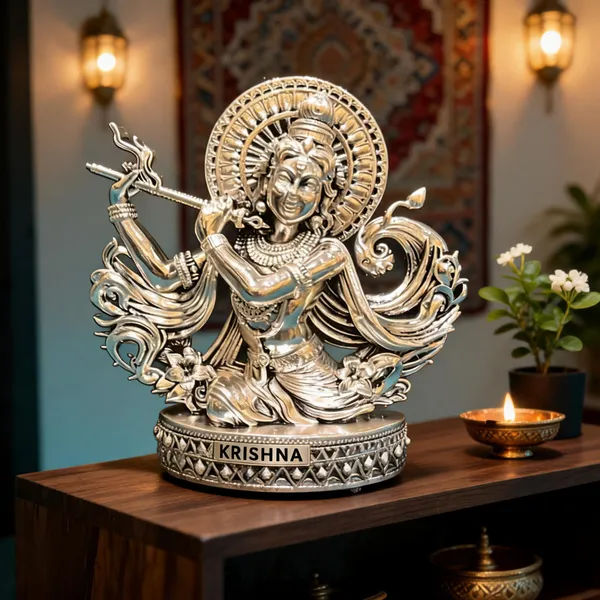 Omjewels_Silver_Sheet_Sandalwood_Krishna_Flute_Idol