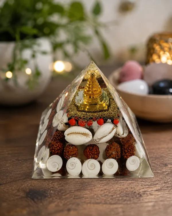 Acrylic_Spiritual_Decorative_Pyramid_With_Rudraksha_And_Shells