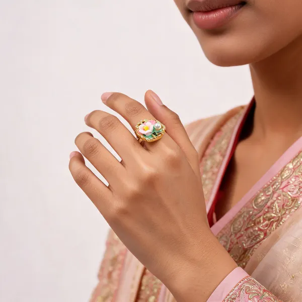 Gold_Alloy_Floral_Enamel_Pearl_Accent_Ring_For_Women
