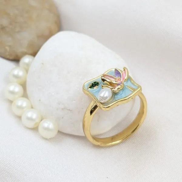 Gold_Tone_Blue_Enamel_Pearl_Floral_Ring_For_Women