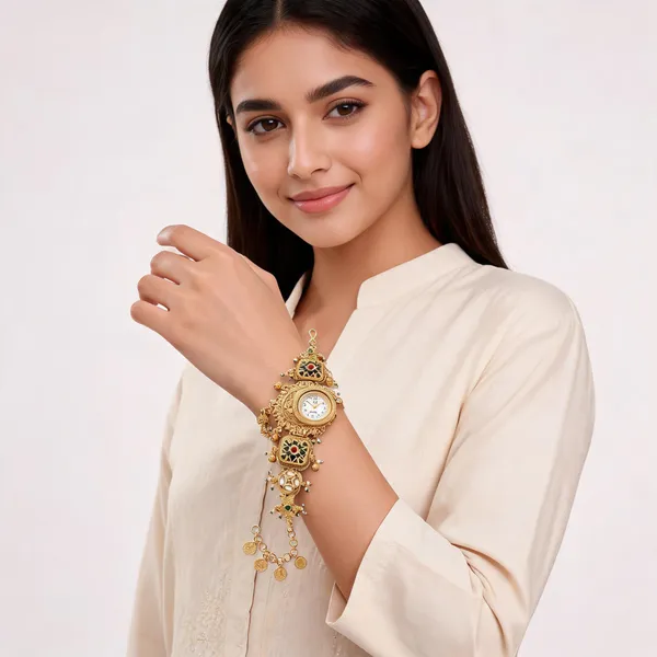Gold_Toned_Embellished_Bracelet_Watch_For_Women