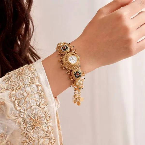 Gold_Toned_Embellished_Bracelet_Watch_For_Women