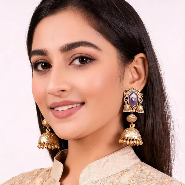 Gold_Purple_Alloy_Peacock_Jhumka_Earrings_For_Women