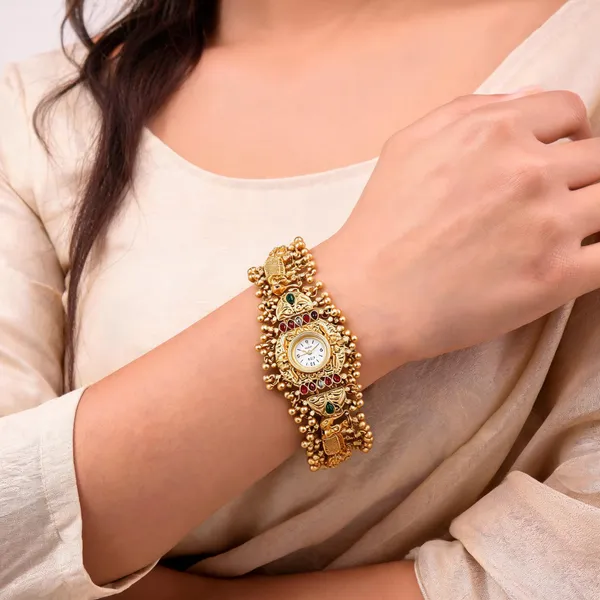 Gold_Alloy_Traditional_Stone_Accent_Bracelet_Watch_For_Women