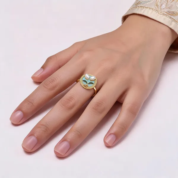 Gold_Pearl_Alloy_Oval_Enamel_Floral_Motif_Ring_For_Women