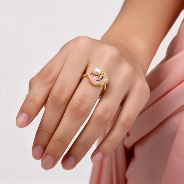 Gold_Pearl_Alloy_Pink_Enamel_Floral_Square_Ring_For_Women
