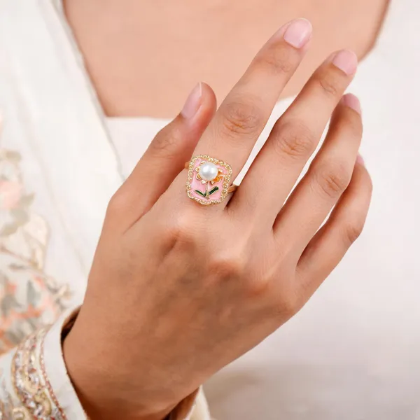 Gold_Pearl_Alloy_Pink_Enamel_Floral_Square_Ring_For_Women