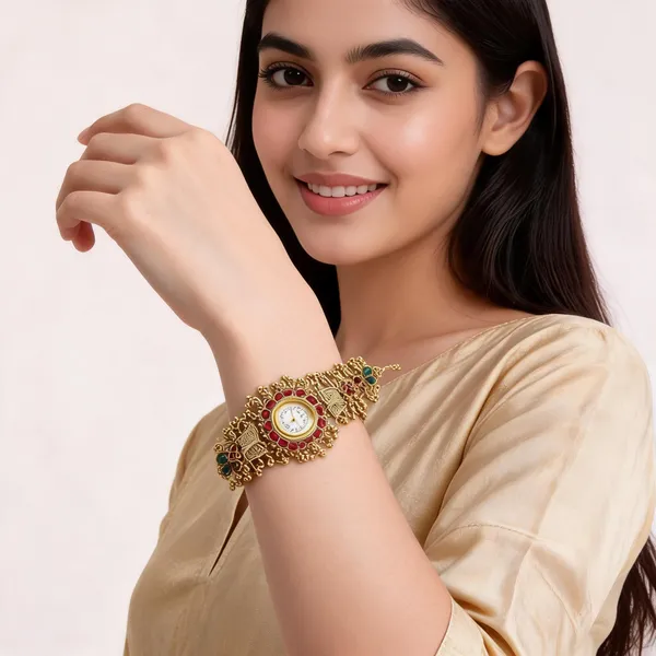 Gold_Alloy_Red_Green_Stone_Traditional_Bracelet_Watch_For_Women