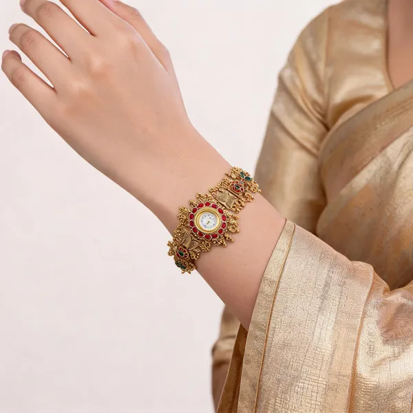 Gold_Alloy_Red_Green_Stone_Traditional_Bracelet_Watch_For_Women
