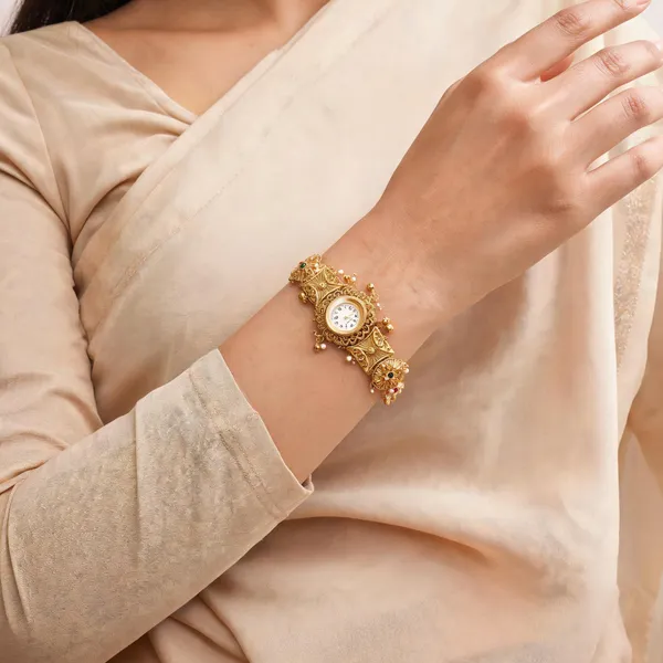 Gold_Alloy_Filigree_Embellished_Bracelet_Watch_For_Women