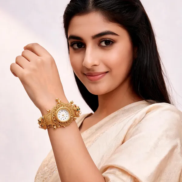 Gold_Alloy_Filigree_Embellished_Bracelet_Watch_For_Women
