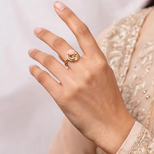 Gold_Alloy_Pink_Floral_Motif_Open_Band_Ring_For_Women