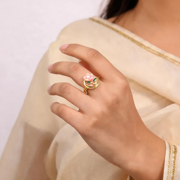 Gold_Alloy_Pink_Floral_Motif_Open_Band_Ring_For_Women