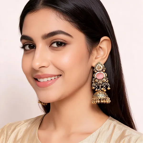 Gold_Pink_Alloy_Stone_Bead_Traditional_Jhumka_Earrings_For_Women