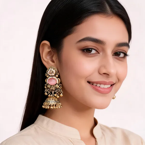 Gold_Pink_Alloy_Stone_Bead_Traditional_Jhumka_Earrings_For_Women