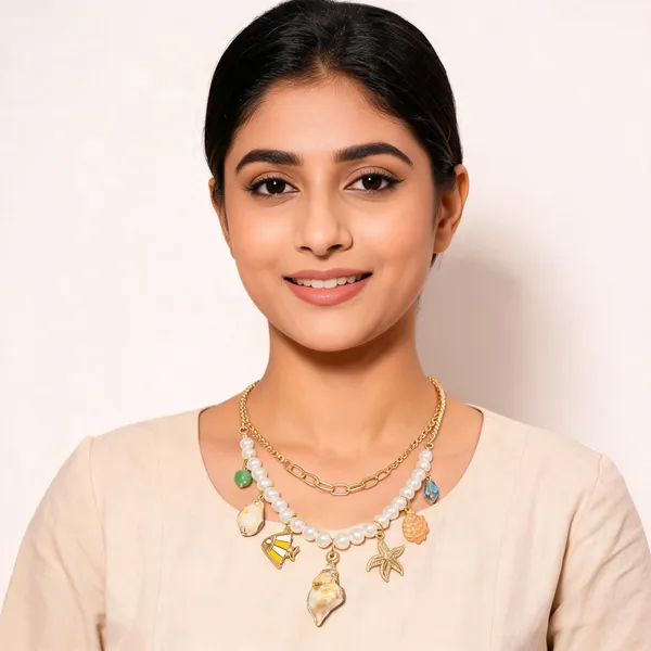 Gold_Pearl_Alloy_Bead_Strand_Multi_Charm_Necklace_For_Women
