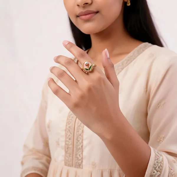 Gold_Tone_Pearl_Leaf_Ring_For_Women