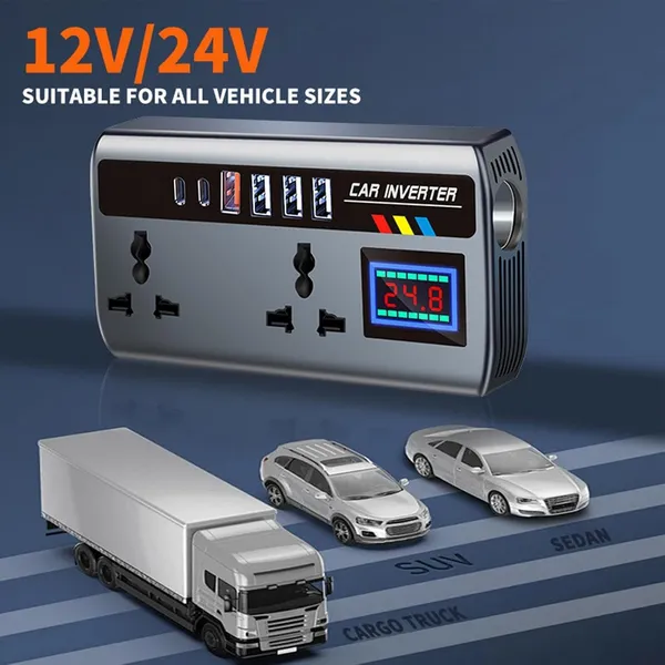 200w_Car_Power_Inverter_Laptop_Charger_With_4_Usb_2_C_Type_1_27wpd_Smart_Usb_Ports_2_Ac_Universal_Outlets_And_12v_24v_Dc_To_220v_Ac_With_Qc3_0_4_Usb_Type_A_Qc3_0_2_Type_C