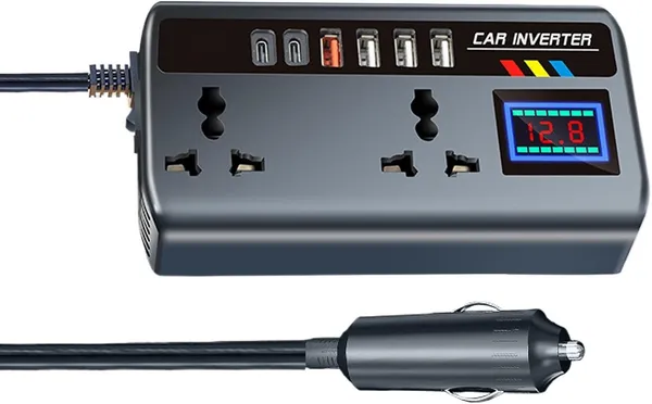 200w_Car_Power_Inverter_Laptop_Charger_With_4_Usb_2_C_Type_1_27wpd_Smart_Usb_Ports_2_Ac_Universal_Outlets_And_12v_24v_Dc_To_220v_Ac_With_Qc3_0_4_Usb_Type_A_Qc3_0_2_Type_C